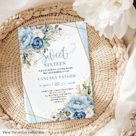 Dazzling Dusty Blue White Blommigt Sweet 16 Inbjud Inbjudningar