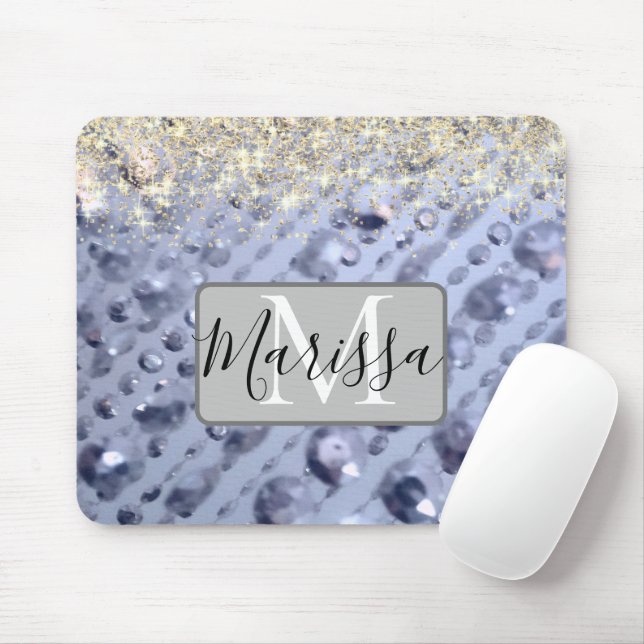Dazzling Glittery Blue Pärlor Monogram Musmatta (Med mus)