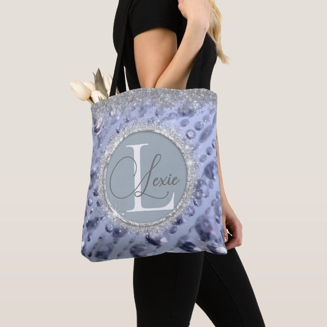Dazzling Glittery Blue Pärlor Monogram Tote Bag Tygkasse (Närbild)
