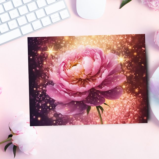 Dazzling Pink Rosa Gnistrar  Vykort (Share love with a dazzling Pink Peony card, sparkling with glitter bokeh.)