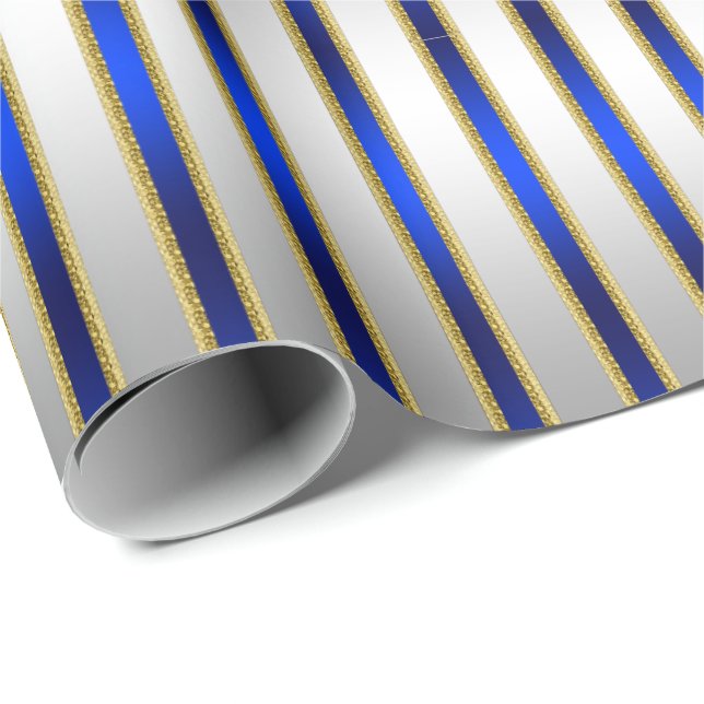 Dazzling Shiny Silver och Royal Blue Rand Presentpapper (Rullad Hörn)