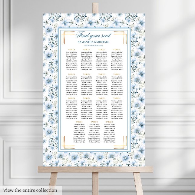 Dazzling Watercolor Dusty Blue Guld Sittdiagram Poster (Dazzling Watercolor Dusty Blue Gold Seating Chart

)
