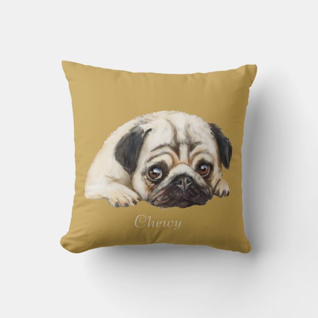 Dbl-sided Pug illustration: brun turkos anpassning Kudde (Framsida)