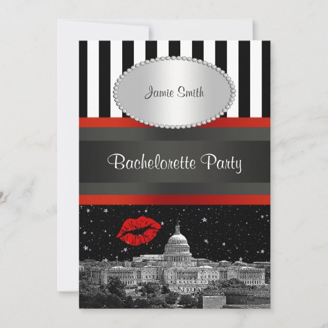 DC Skyline Blk Wht Strp Red Kiss Bachelorette Inbjudningar (Framsida)