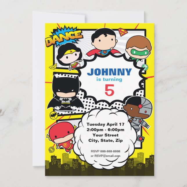 DC-Tecknader | Justice League - Chibi Birthday Inbjudningar (Framsida)