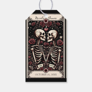 DE ÄLSKANDE Tarot Skelett Kärlek Röda Rosor Bröllo Presentetikett
