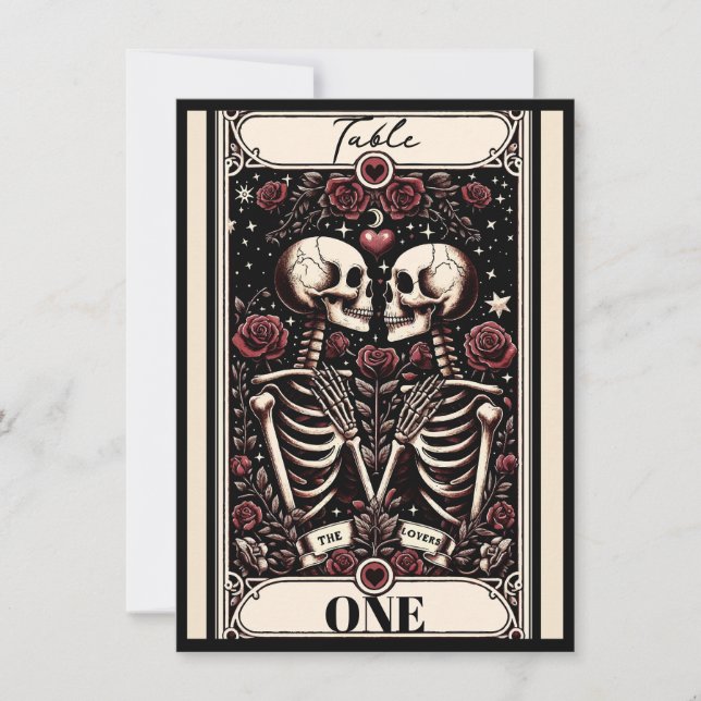 DE ÄLSKANDE Tarot Skelett Kärlek Rosor Bord Nummer Inbjudningar (Framsida)