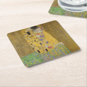 De älskandes kyssende omfamning av Gustav Klimt Underlägg Papper Kvadrat