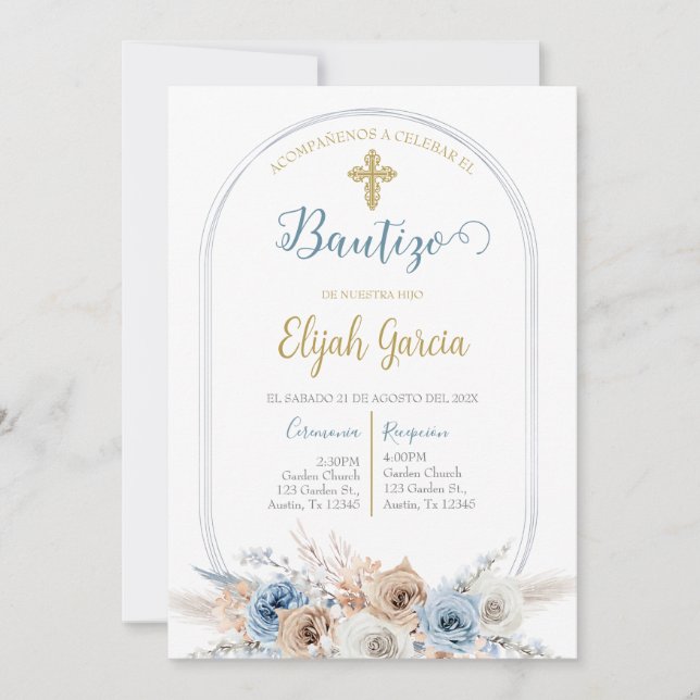  de bautismo blommigt azul en español invi inbjudningar (Framsida)