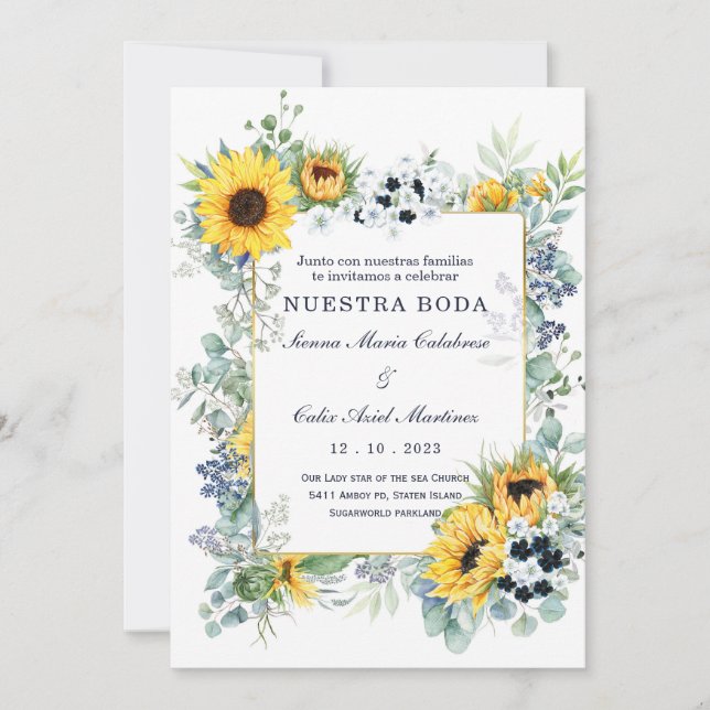 De Boda Azul Marino y Girasol Inbjudningar (Framsida)