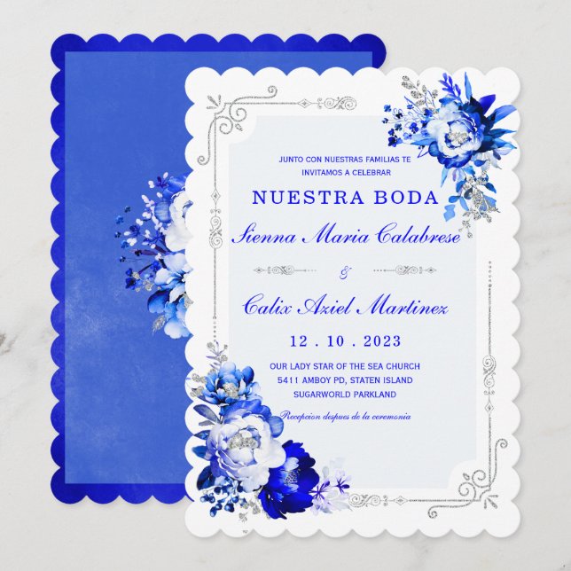 De Boda Originales y Elegantes en Azul Rey Inbjudningar (Fram/baksida)