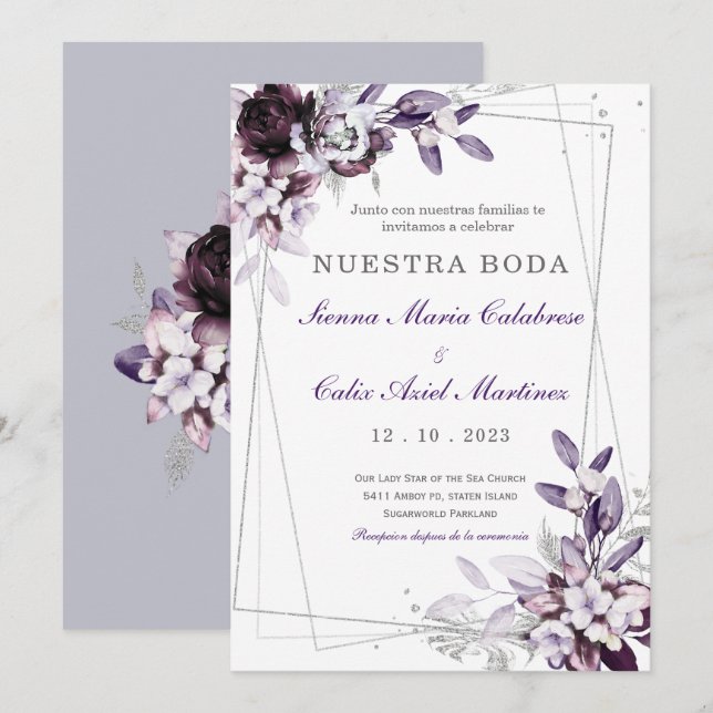 de Boda Púrpura y Lavanda Plateada Inbjudningar (Fram/baksida)