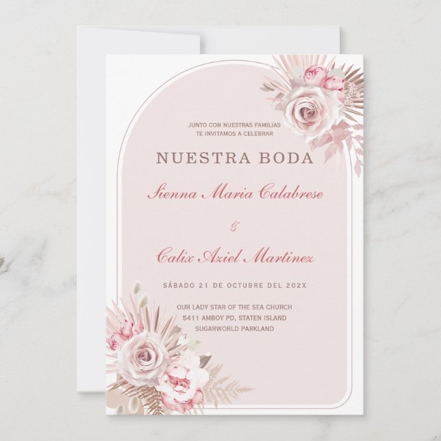 de Boda Romántica en Tono Rosa Pastel con Flores Inbjudningar (Framsida)