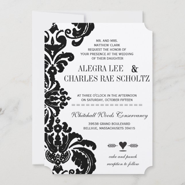 De cut Vintage Black Damask Wedding Inbjudningar (Baksida)
