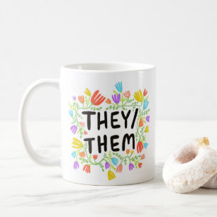 De/de Pronouns Rainbow Blommigt andningsfärg Kaffemugg
