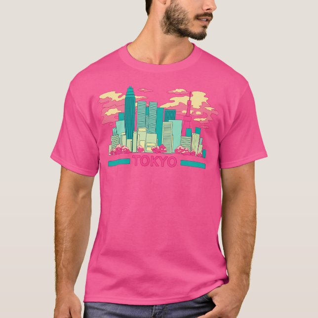 De färgstarka Skyscraperna Tokyo och Cherry Blos T Shirt (Framsida)