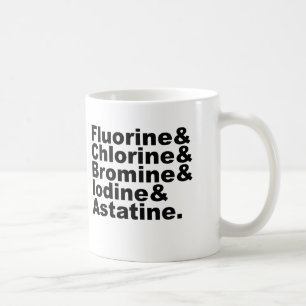 De fem halogenerna inom kemin Klor Brom Kaffemugg