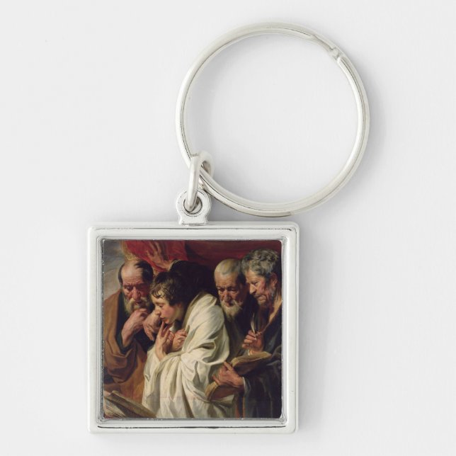 De fyra evangelistsna fyrkantig silverfärgad nyckelring (Framsidan)