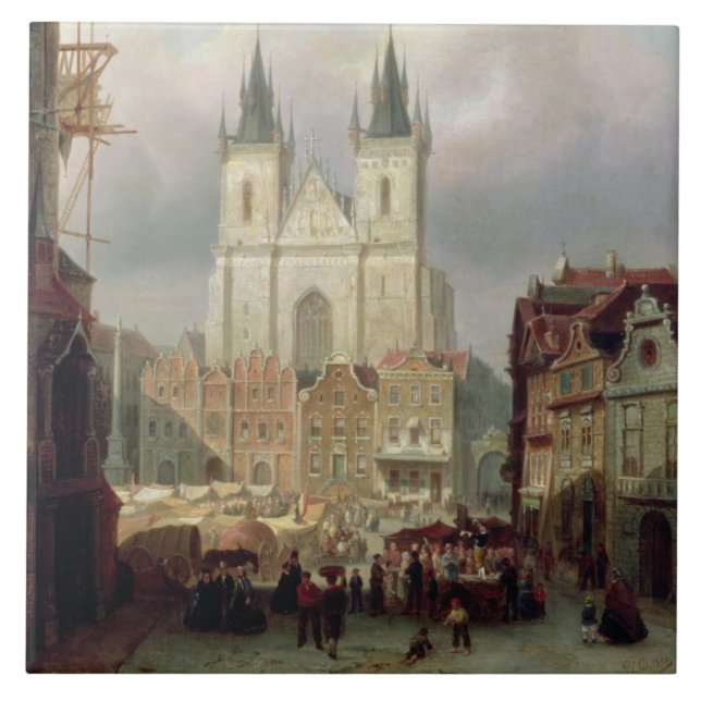 De gammala marknadsför stället på Prague, 1881 Kakelplatta (Framsidan)