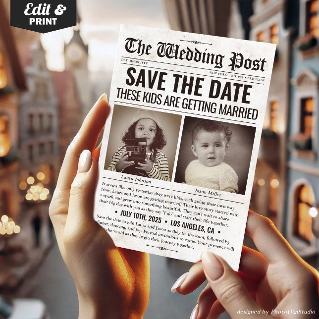 De här barnen är Gifta sig i Bröllop Julkort (These Kids Are Getting Married Wedding Newspaper Holiday Card)