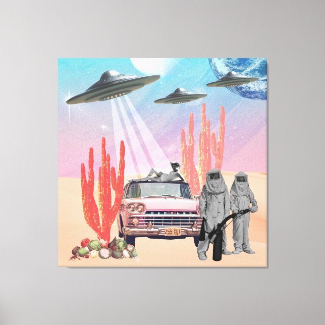 De har landat UFO Desert Cactus Surreal Collage Canvastryck (Framsida)
