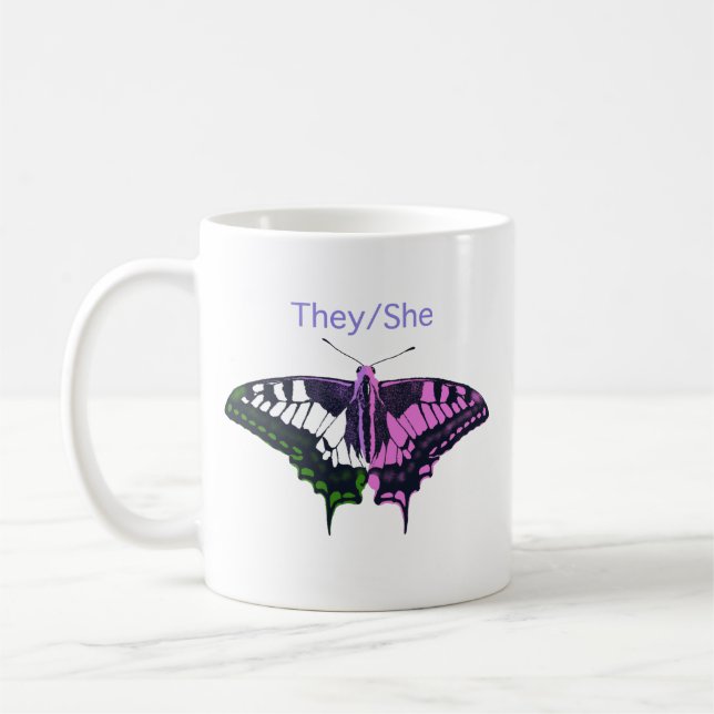 De/hon non-Binary Flagga Swallowtail Butterfly Kaffemugg (Vänster)