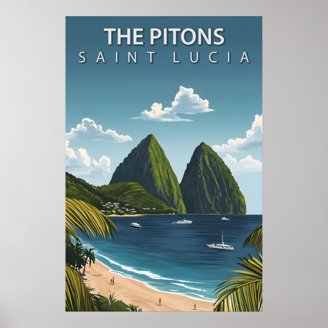 De ikoniska tvillingtopparna Pitons på Saint Lucia Poster (Framsidan)