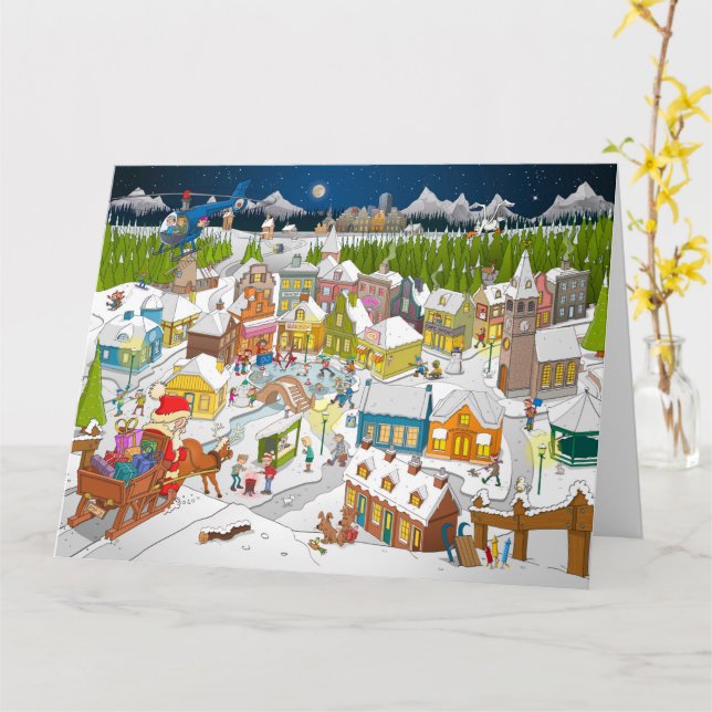 De kerstman arriveert in het dorp  kort (Gul blomma)