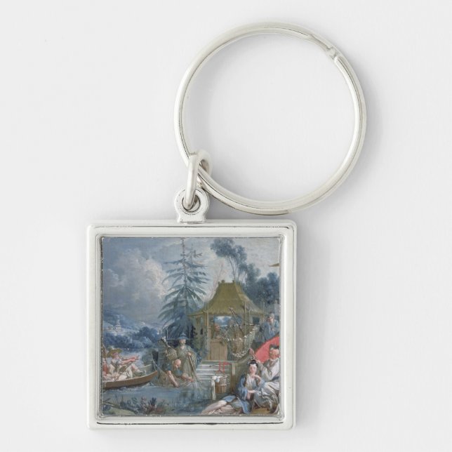 De kinesiska fiskarna, c.1742 fyrkantig silverfärgad nyckelring (Framsidan)