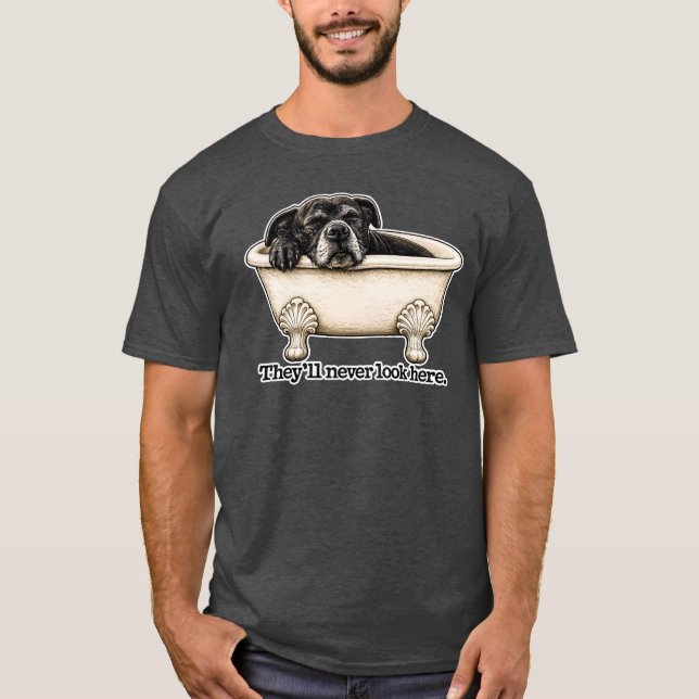 De kommer aldrig att leta här Svart Pitbull Hund B T Shirt (Framsida)