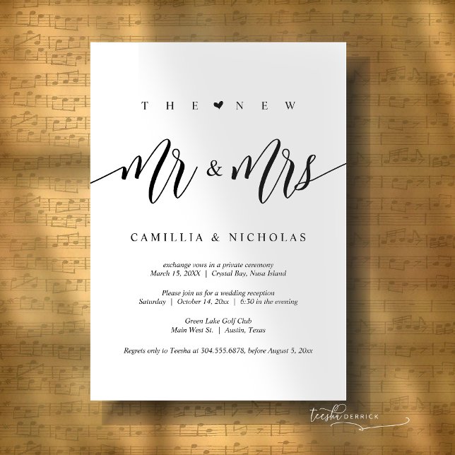 De nya herrarna och fruarna, Bröllopsfest för älsk Inbjudningar (The New Mr and Mrs, Wedding Elopement Dinner and Party Invitation Card, Digital or printed version. )