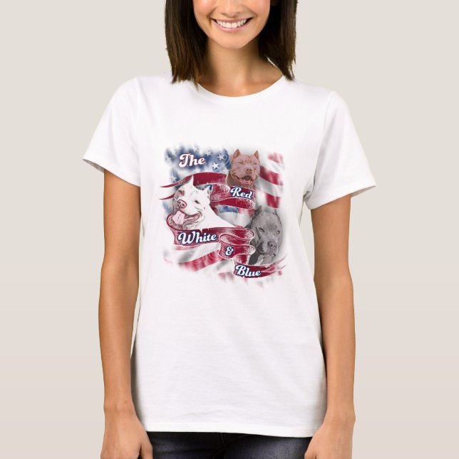 De röda, vit- & blåttPitbull hundarna T-shirt (Framsida)