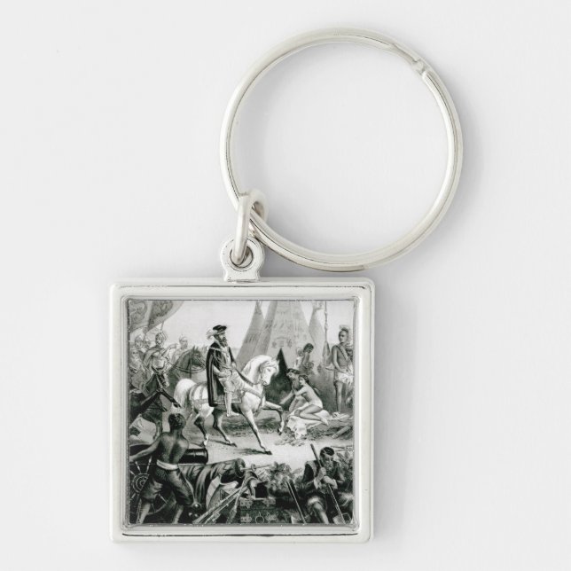 De Soto Discovering Mississippi Fyrkantig Silverfärgad Nyckelring (Framsidan)