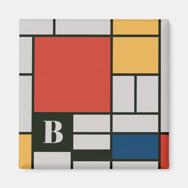 De Stijl Inspired Primary Färgad Squares Monogram Magnet (Framsidan)