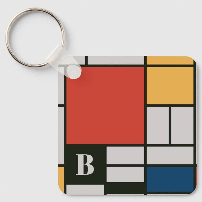De Stijl Inspired Primary Färgad Squares Monogram Nyckelring (Framsida)