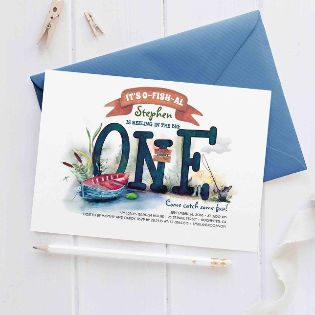 De stora fisketecknen första födelsedagen inbjudningar (It's O-Fish-Al - Amazing Fishing Themed 1st Birthday Invitations)