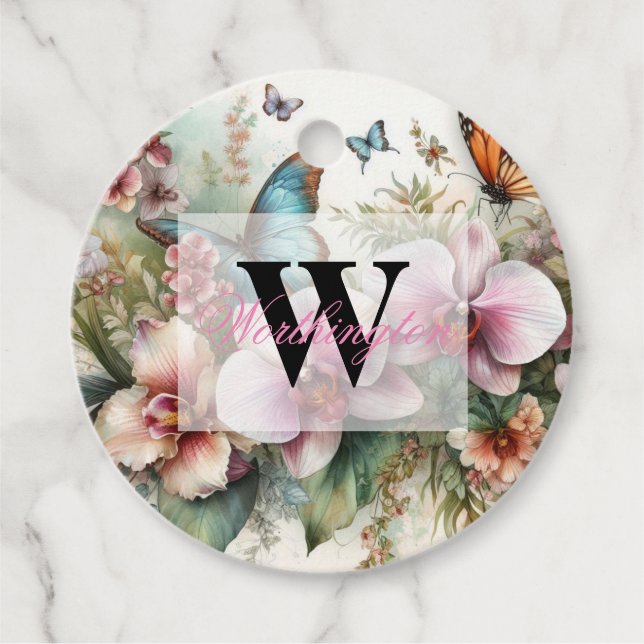 De tropiska blommorna i Monogram namn lämnar vatte Gåvor Etiketter (Framsida)