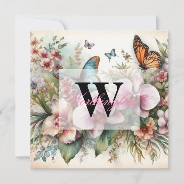 De tropiska blommorna i Monogram namn lämnar vatte Inbjudningar (Framsida)