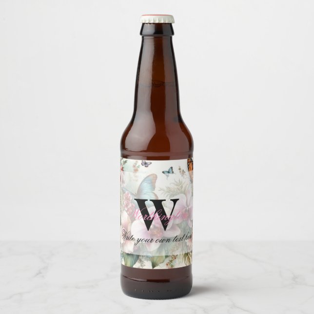 De tropiska blommorna i Monogram namn lämnar vatte Ölflaska Etikett (Framsida)