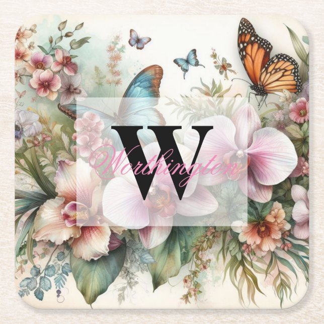 De tropiska blommorna i Monogram namn lämnar vatte Underlägg Papper Kvadrat (Framsidan)