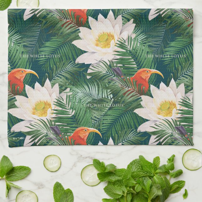 De tropiska Lotus-fåglarna och Lotus Mönster Kökshandduk (Vikta)
