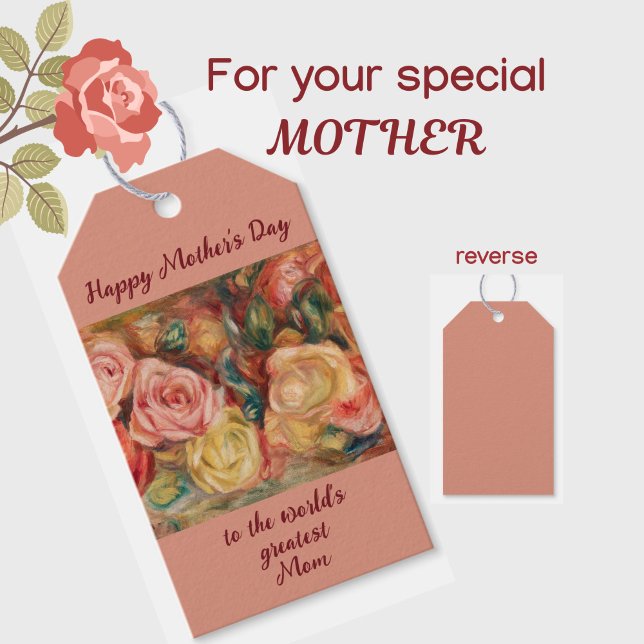 De Underbarare Mamma Mors dag Blommigt Ro Gift-Mär Presentetikett (Beautiful floral roses gift tags for your special Mom on Mother's Day! All text customizable.)