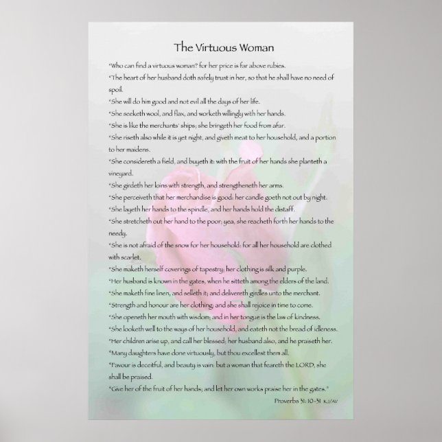 De virtuösa Woman-proverberna 31:10-31-utskrift Poster (Framsidan)