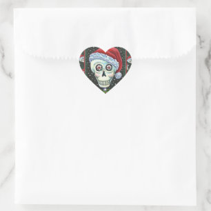 DEAD HEAD SANTA SKULL, CHRISTMAS SKELETON HUMOR HJÄRTFORMAT KLISTERMÄRKE