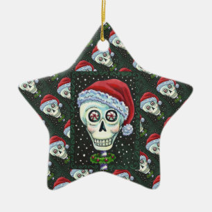 DEAD HEAD SANTA SKULL, CHRISTMAS SKELETON HUMOR JULGRANSPRYDNAD KERAMIK