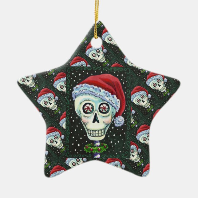 DEAD HEAD SANTA SKULL, CHRISTMAS SKELETON HUMOR JULGRANSPRYDNAD KERAMIK (Framsidan)