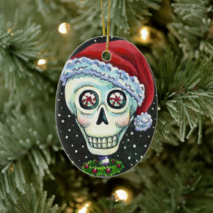 DEAD HEAD SANTA SKULL, CHRISTMAS SKELETON HUMOR JULGRANSPRYDNAD KERAMIK