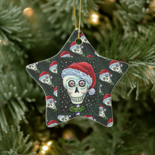DEAD HEAD SANTA SKULL, CHRISTMAS SKELETON HUMOR JULGRANSPRYDNAD KERAMIK