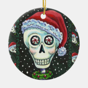 DEAD HEAD SANTA SKULL, CHRISTMAS SKELETON HUMOR JULGRANSPRYDNAD KERAMIK