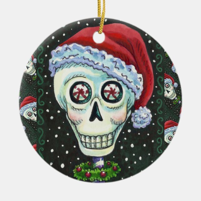 DEAD HEAD SANTA SKULL, CHRISTMAS SKELETON HUMOR JULGRANSPRYDNAD KERAMIK (Framsidan)
